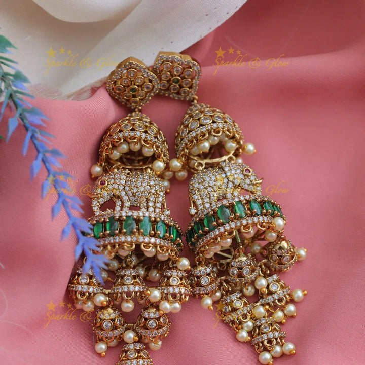Grand Victorian Elephant AD Jhumka Earrings with Pearls