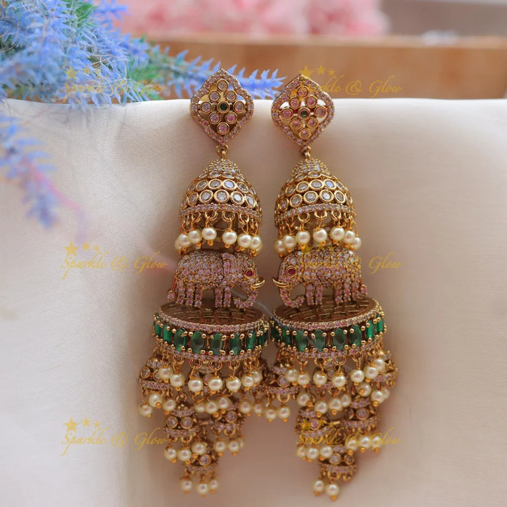 Grand Victorian Elephant AD Jhumka Earrings with Pearls