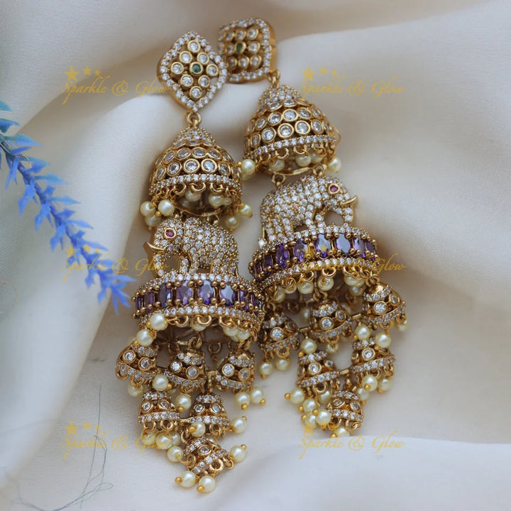 Grand Victorian Elephant AD Jhumka Earrings with Pearls