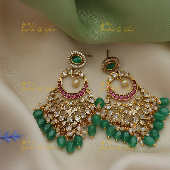 Stunning Kemp Beaded Kundan Earrings in Red & Green