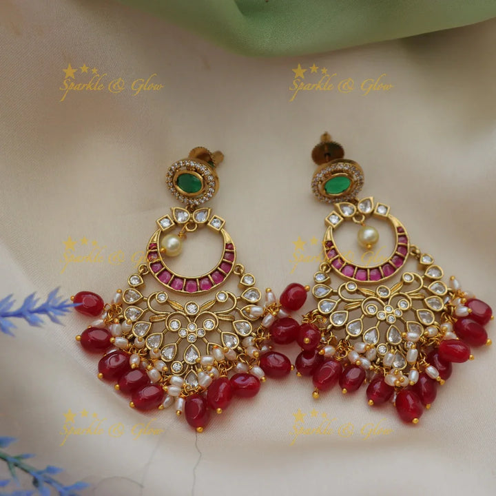 Stunning Kemp Beaded Kundan Earrings in Red & Green