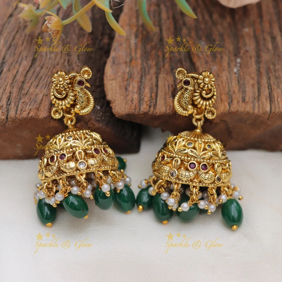Stunning Peacock Floral Jhumka with Green Drops & Pearls