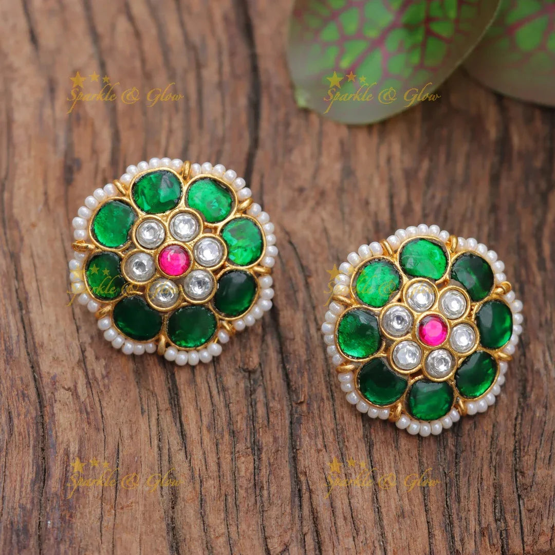 Emerald Green Kundan Floral Stud Earrings