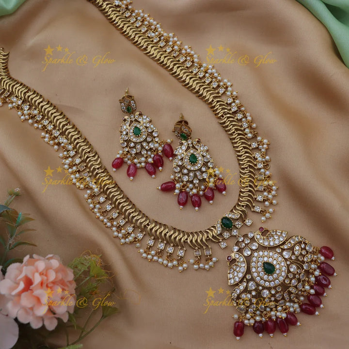 Stunning CZ Peacock Floral Pendant Long Haram Set