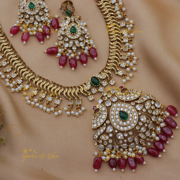Stunning CZ Peacock Floral Pendant Long Haram Set