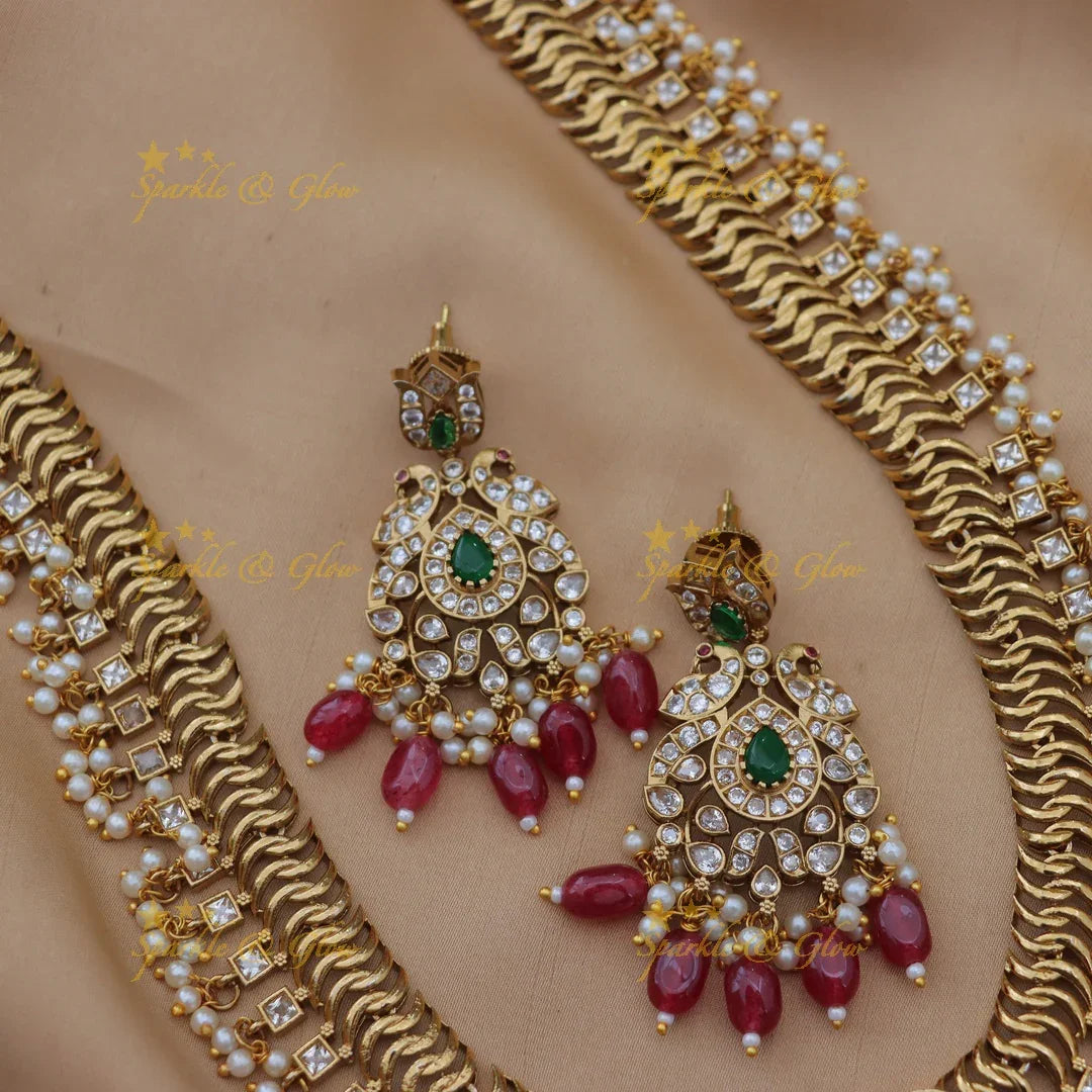 Stunning CZ Peacock Floral Pendant Long Haram Set