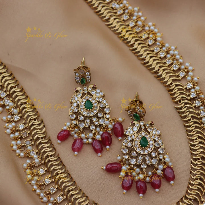 Stunning CZ Peacock Floral Pendant Long Haram Set