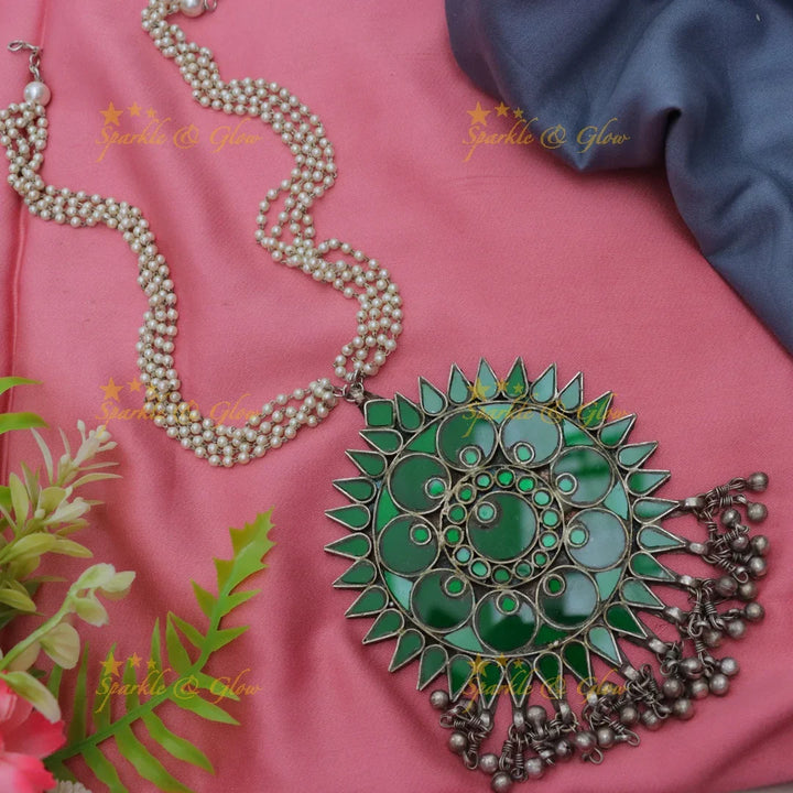 Exquisite Oxidized Silver Pearl Wedding Necklace