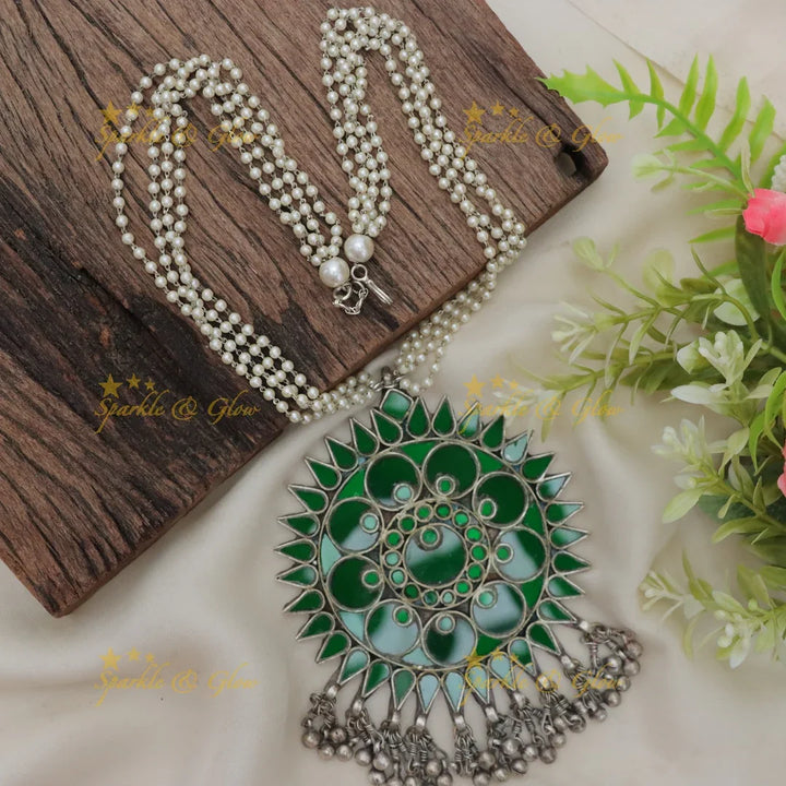 Exquisite Oxidized Silver Pearl Wedding Necklace