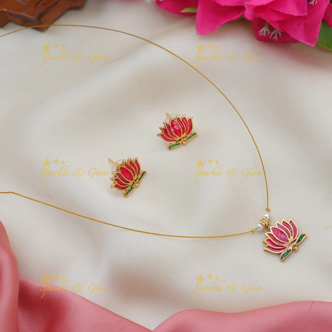Sparkling Lotus Invisible Necklace with Meenakari Earrings