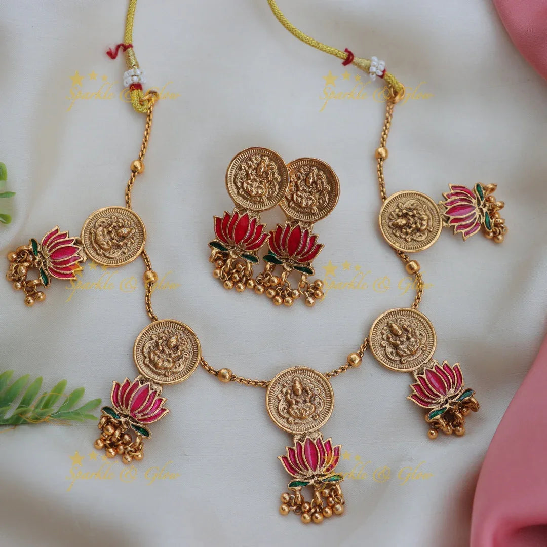 Elegant Budgeted Lakshmi Coin Lotus Floral Short Necklace