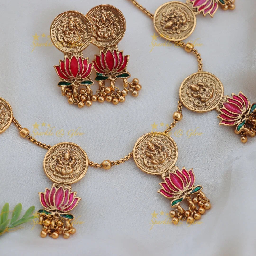 Elegant Budgeted Lakshmi Coin Lotus Floral Short Necklace