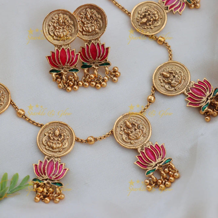 Elegant Budgeted Lakshmi Coin Lotus Floral Short Necklace