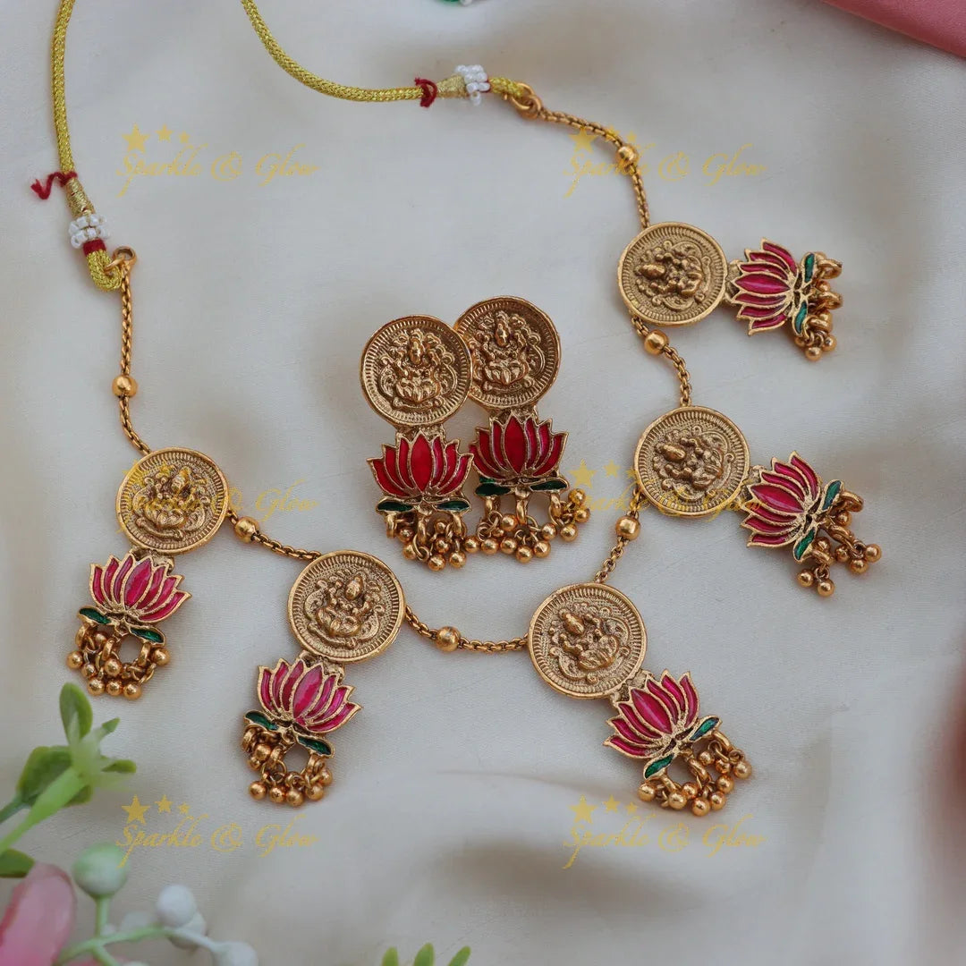 Elegant Budgeted Lakshmi Coin Lotus Floral Short Necklace