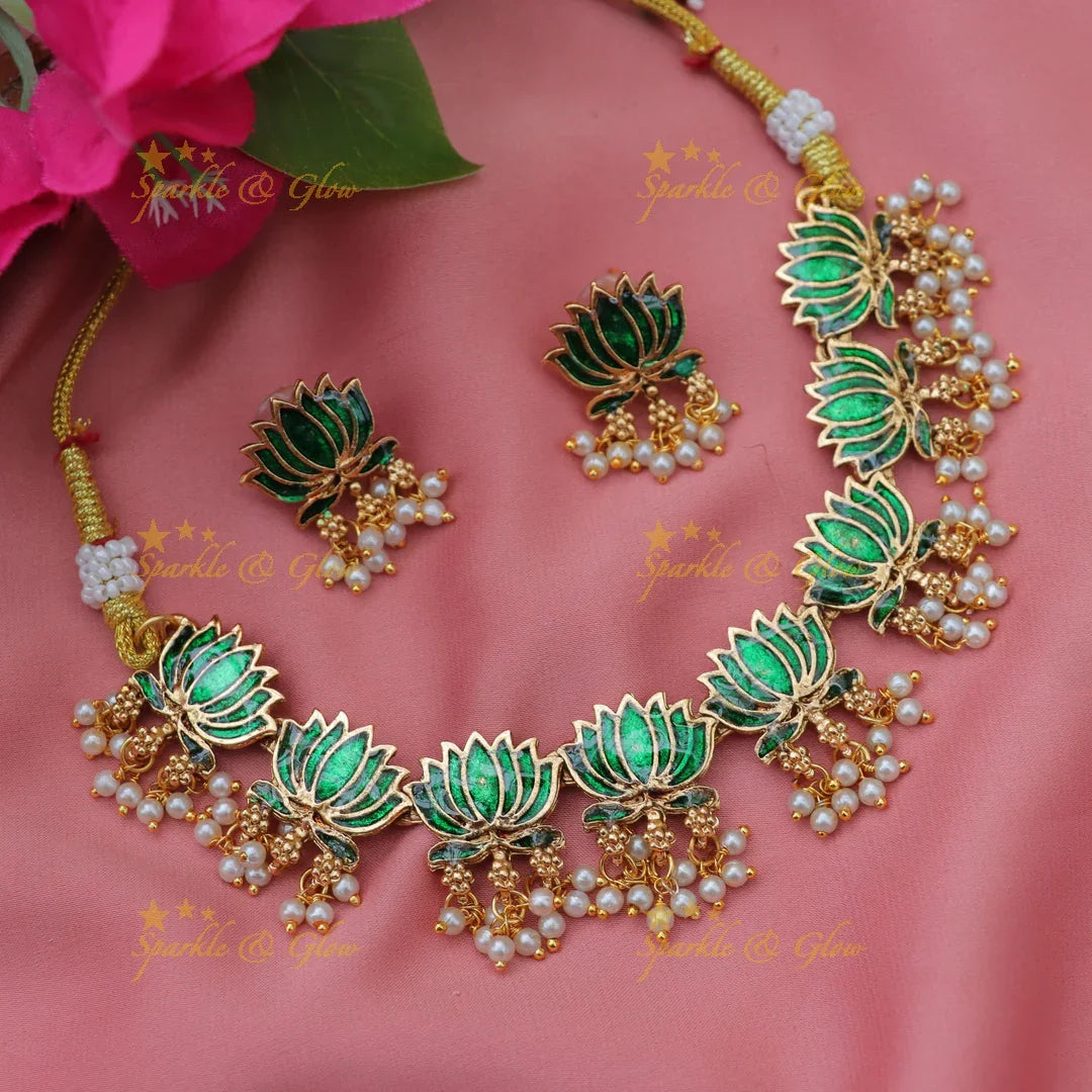 Statement Lotus Guttapusalu Necklace with Meenakari Finish
