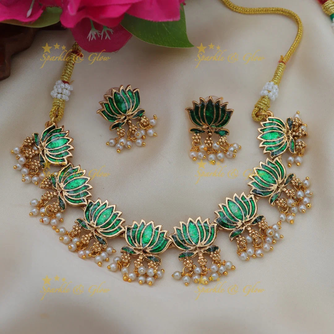 Statement Lotus Guttapusalu Necklace with Meenakari Finish