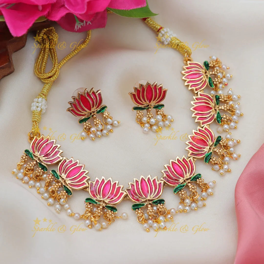 Statement Lotus Guttapusalu Necklace with Meenakari Finish
