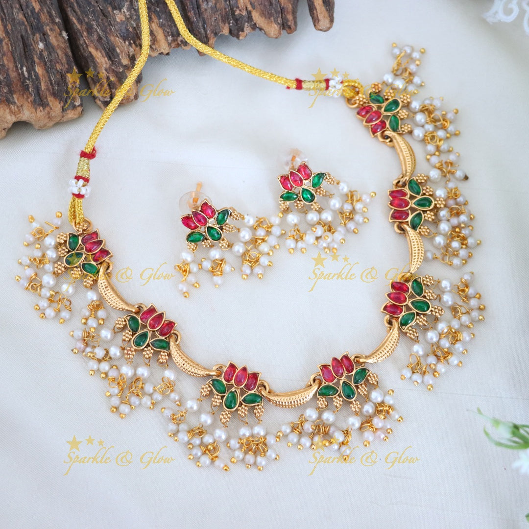 Elegant Lotus Floral Short Necklace with Meenakari Work