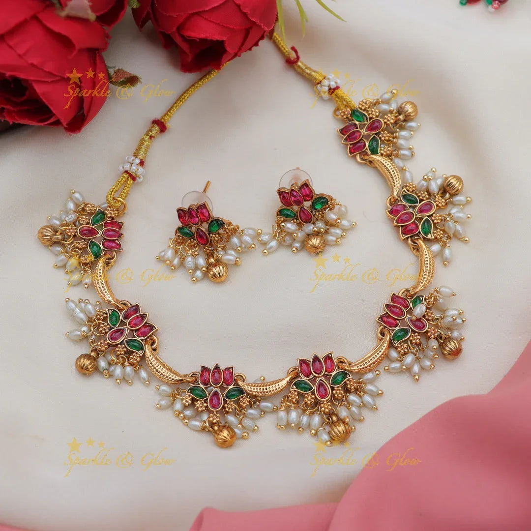 Elegant Lotus Floral Short Necklace with Meenakari Work