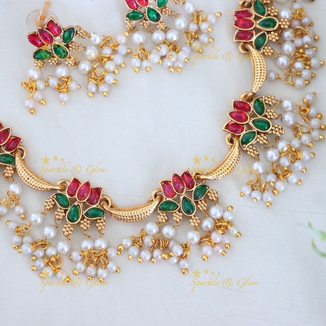 Elegant Lotus Floral Short Necklace with Meenakari Work