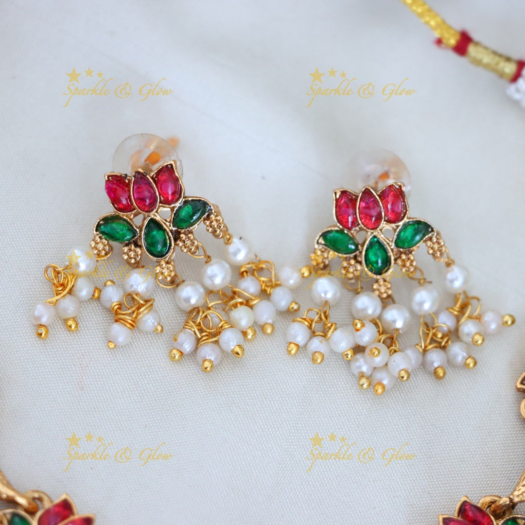 Elegant Lotus Floral Short Necklace with Meenakari Work