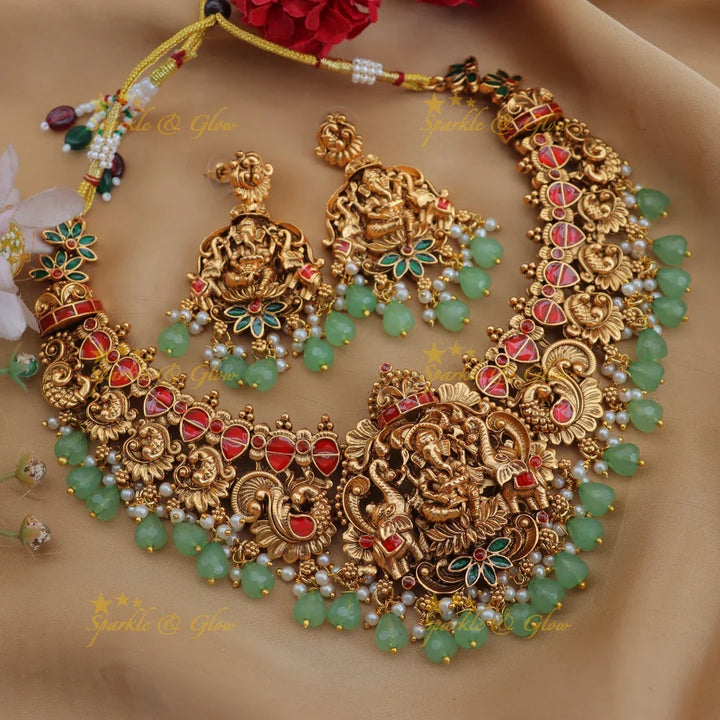 Stunning Ganesha Elephant Short Necklace with Mint Beads