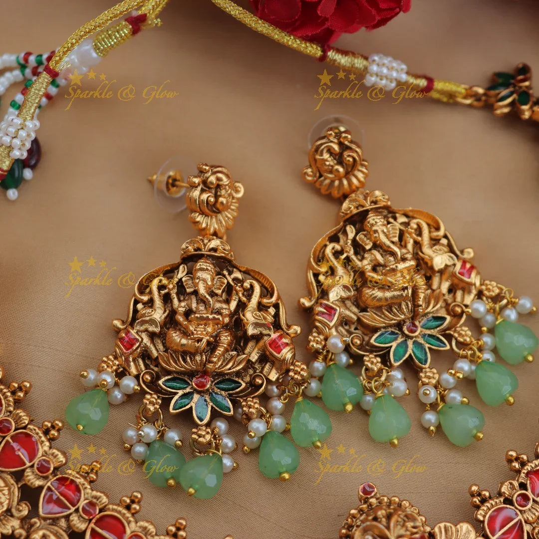 Stunning Ganesha Elephant Short Necklace with Mint Beads