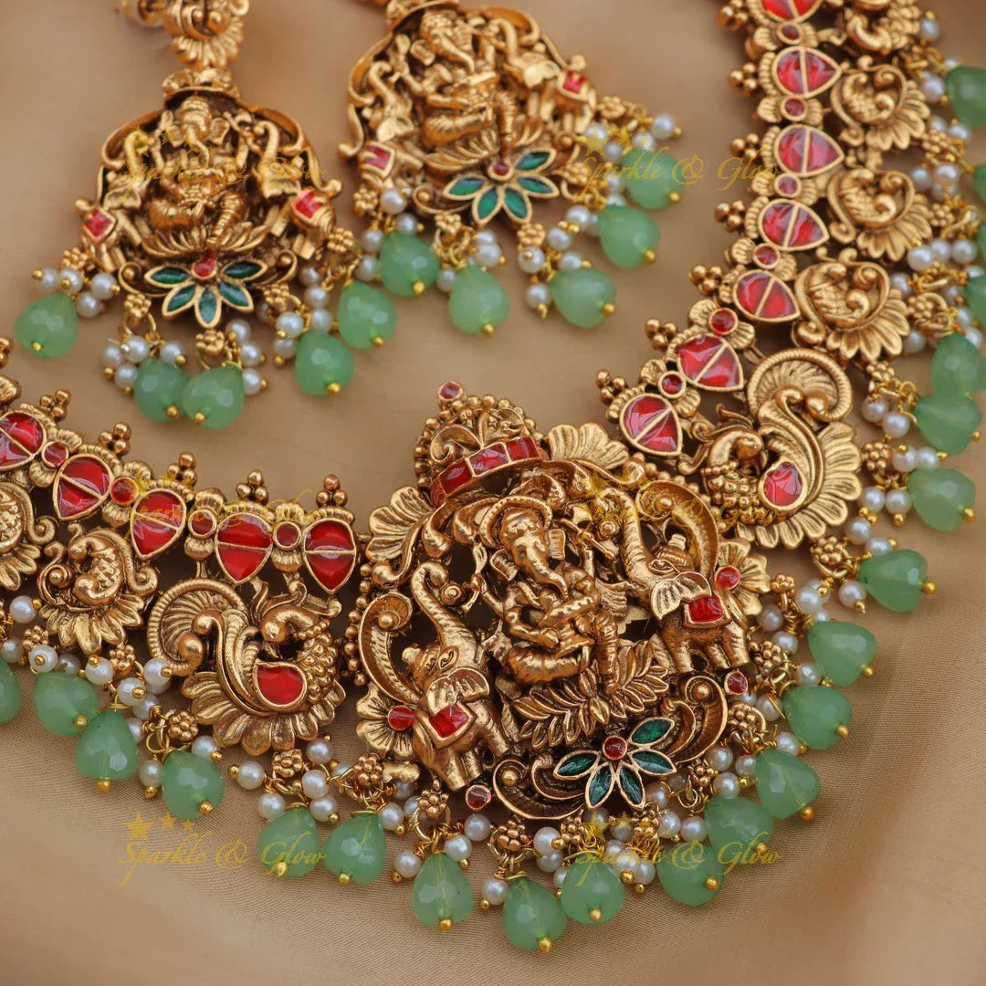 Stunning Ganesha Elephant Short Necklace with Mint Beads
