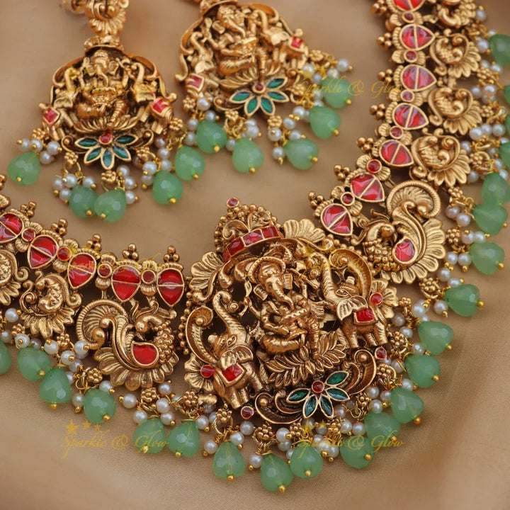 Stunning Ganesha Elephant Short Necklace with Mint Beads
