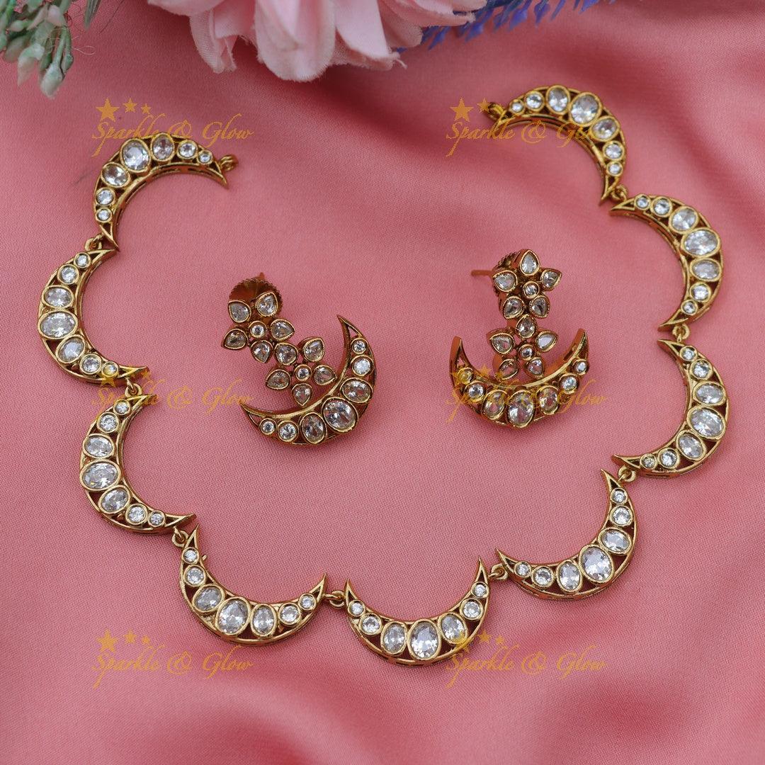 Stunning Half Moon Floral AD Necklace in Gold Finish