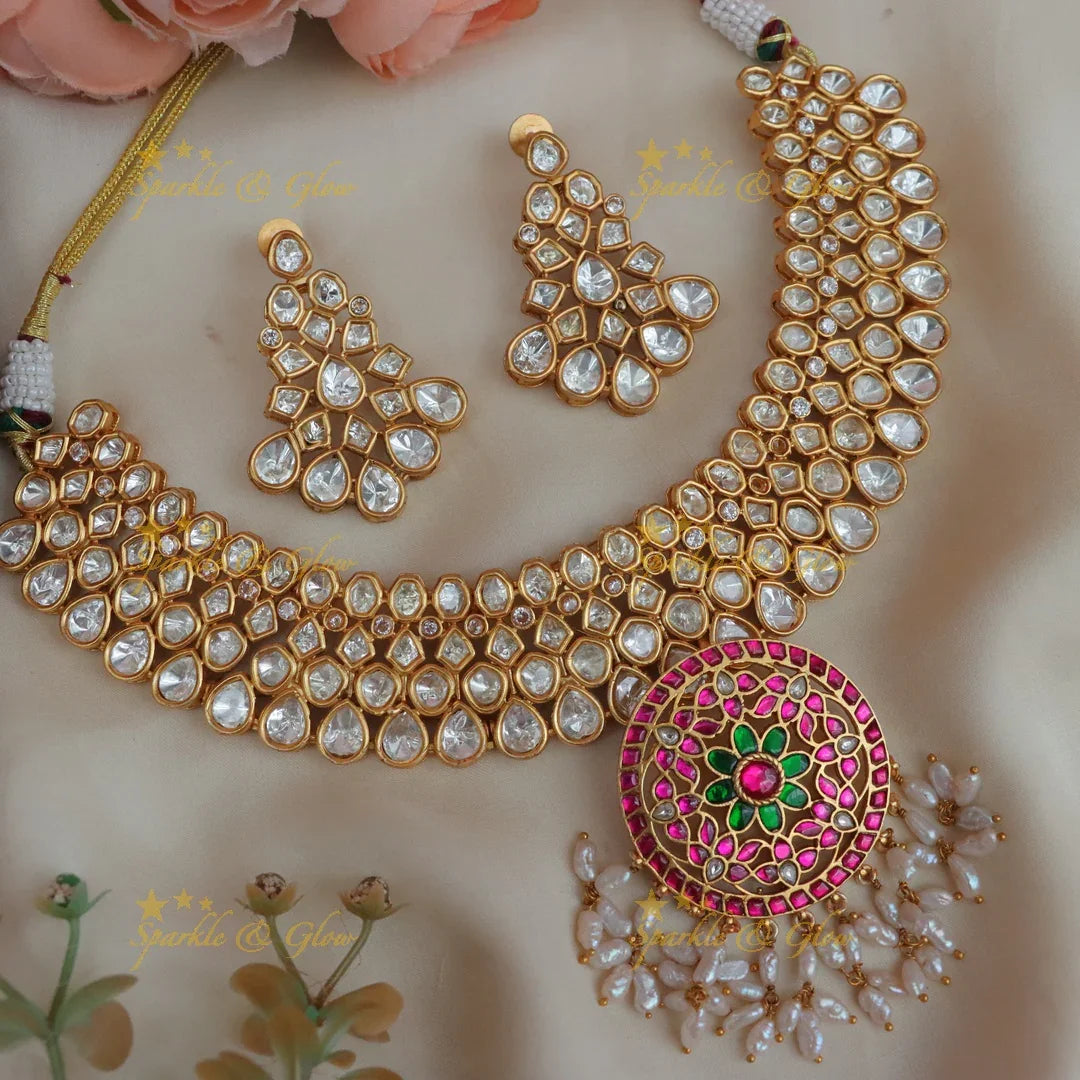 Royal Jadau Kundan Floral Short Necklace with Earrings