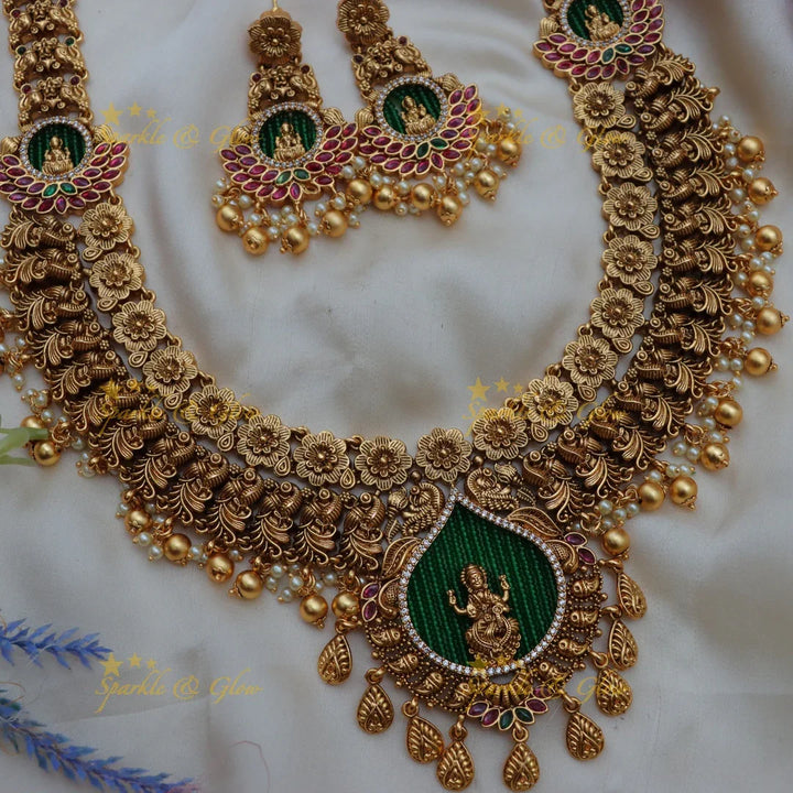 Grand Lakshmi Peacock Floral Temple Bridal Haram Set