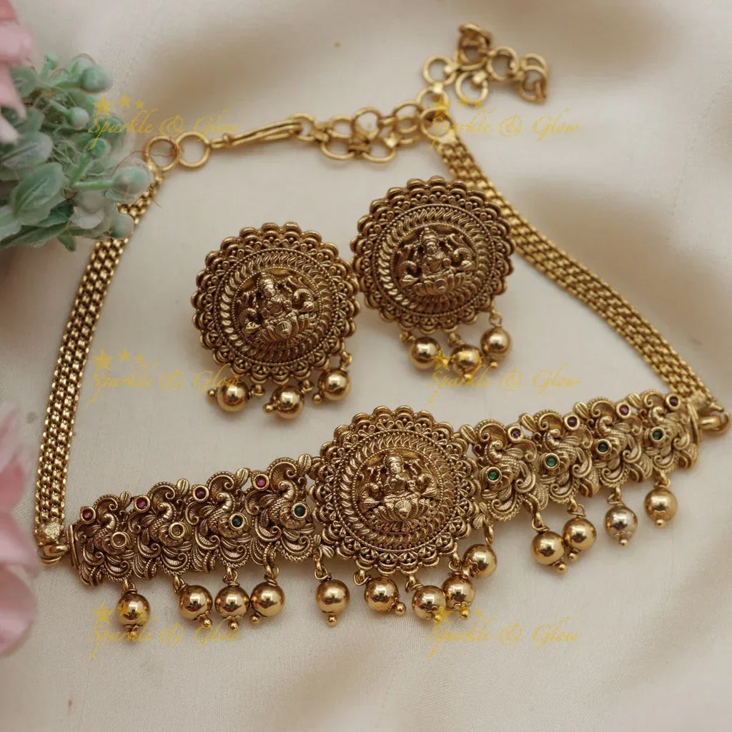 Stunning Lakshmi Peacock Carved High Neck Temple Choker
