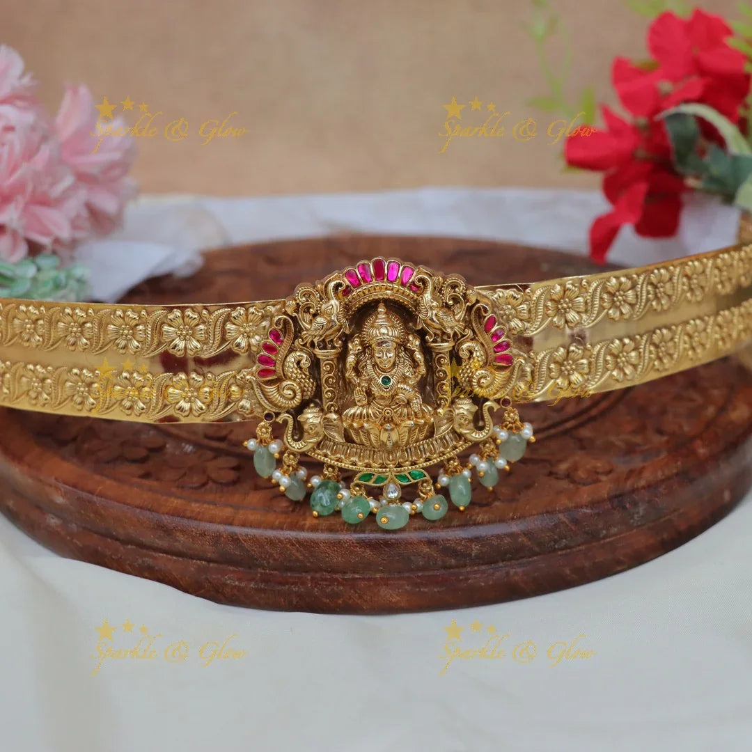 Temple Lakshmi Jadau Hipbelt with Mintgreen Beads