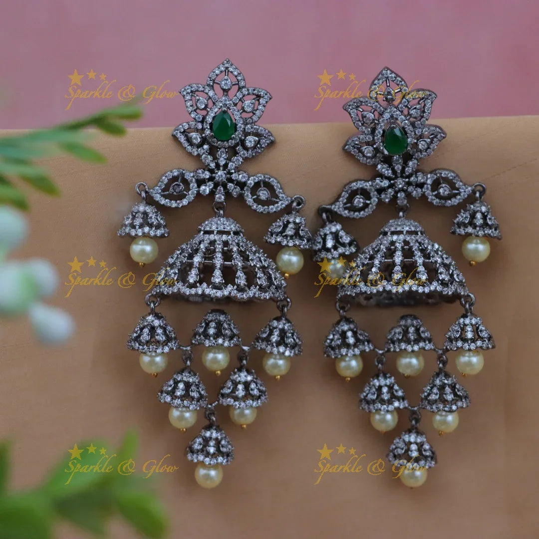Grand Victorian AD Floral Earrings with Jhumuka Drops