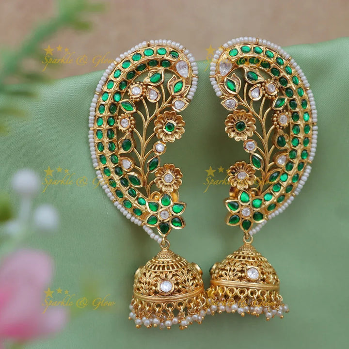 Grand Jadau Kundan Floral Ear Cuff Earrings with Jhumkas