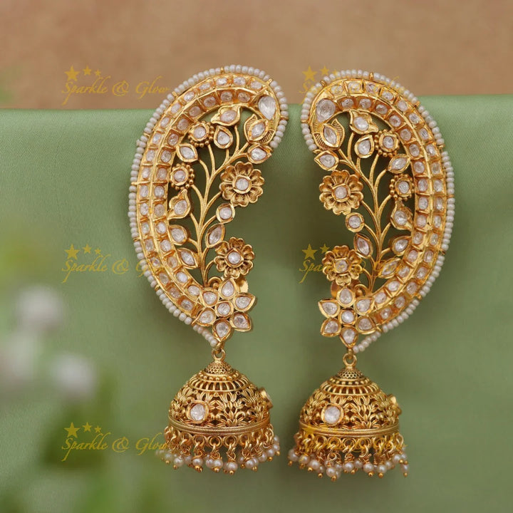 Grand Jadau Kundan Floral Ear Cuff Earrings with Jhumkas