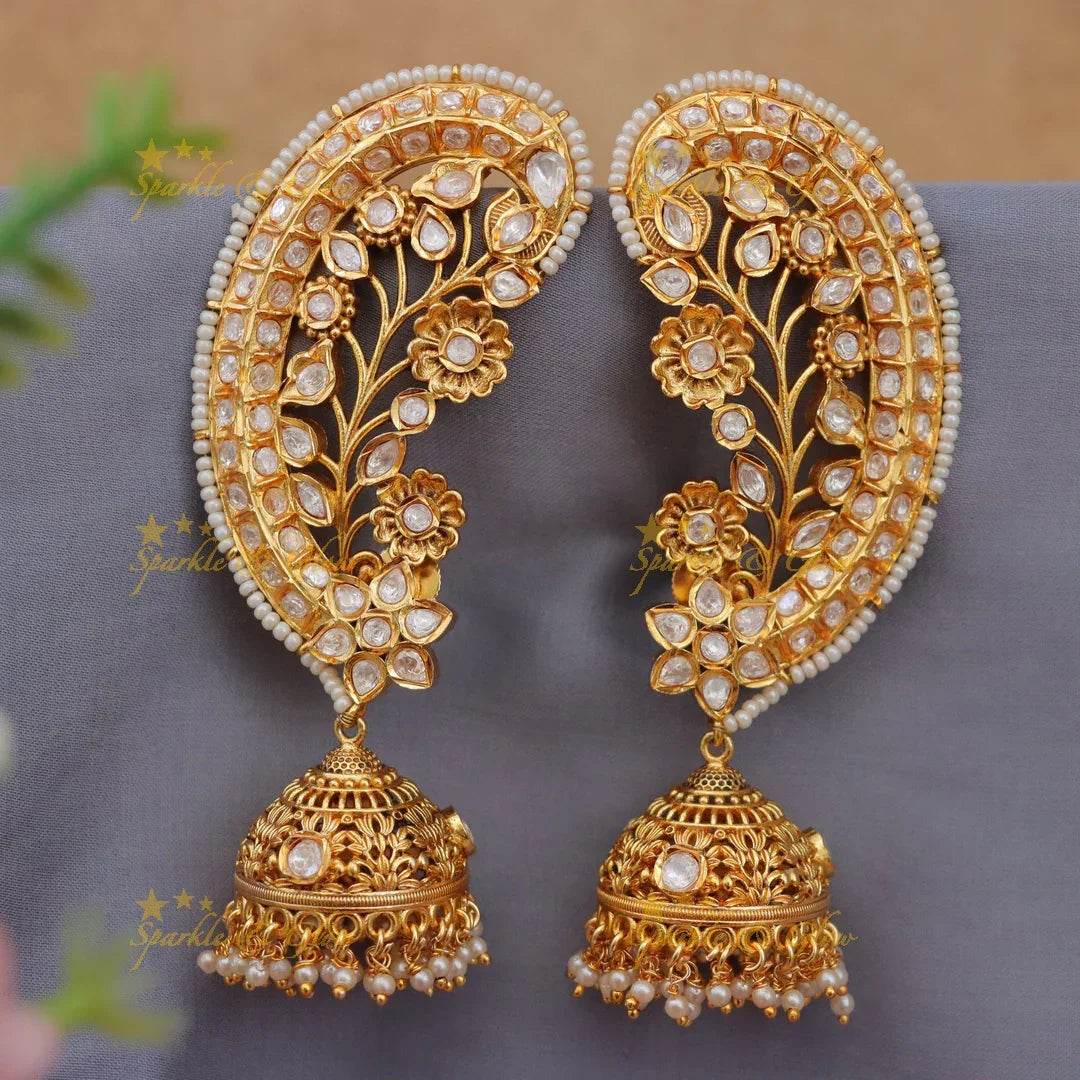 Grand Jadau Kundan Floral Ear Cuff Earrings with Jhumkas