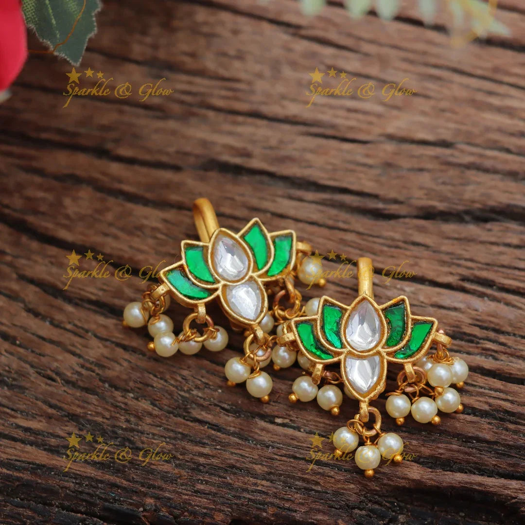 Elegant Jadau Kundan Wide Lotus Floral Bugadi Earrings