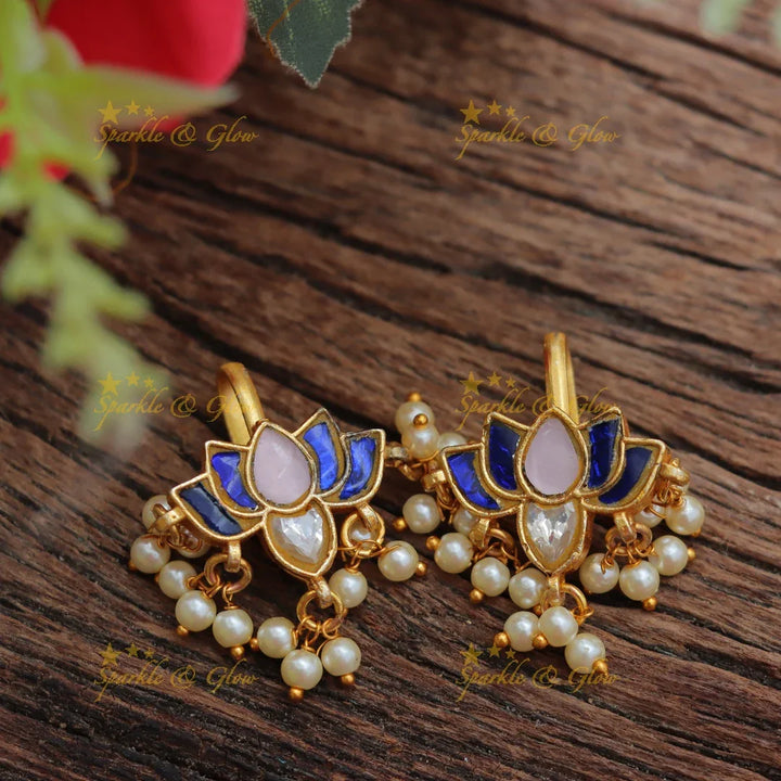 Elegant Jadau Kundan Wide Lotus Floral Bugadi Earrings