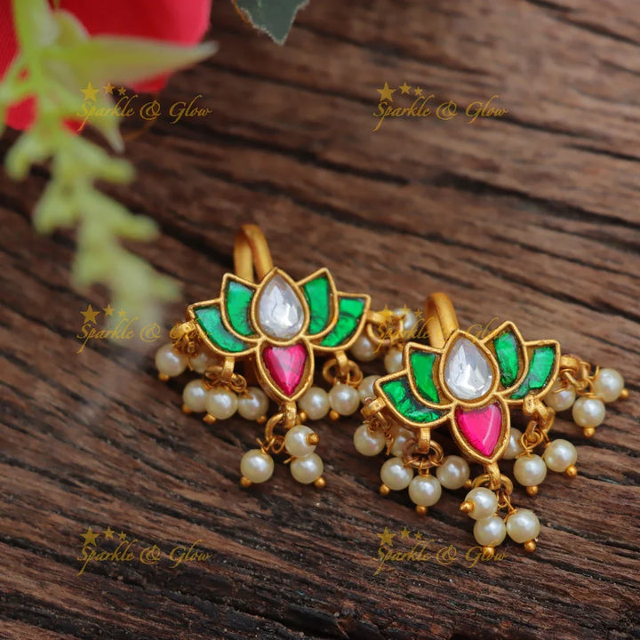 Elegant Jadau Kundan Wide Lotus Floral Bugadi Earrings