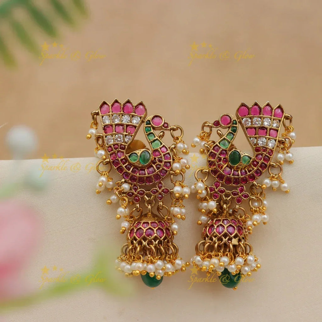 Grand Jadau Kundan Dancing Peacock Jhumka Earrings