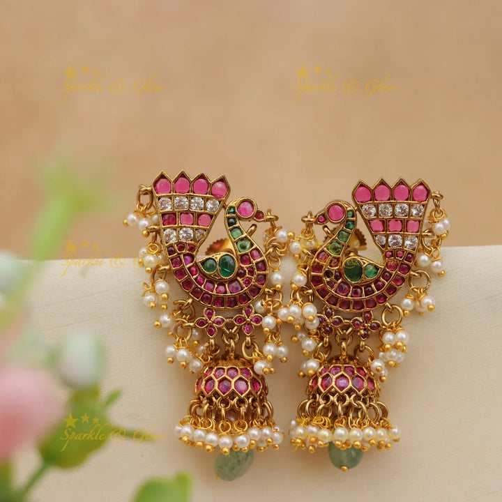 Grand Jadau Kundan Dancing Peacock Jhumka Earrings