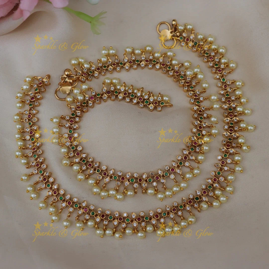 Elegant Kemp Floral Gold alike Anklets with Pearl Drops