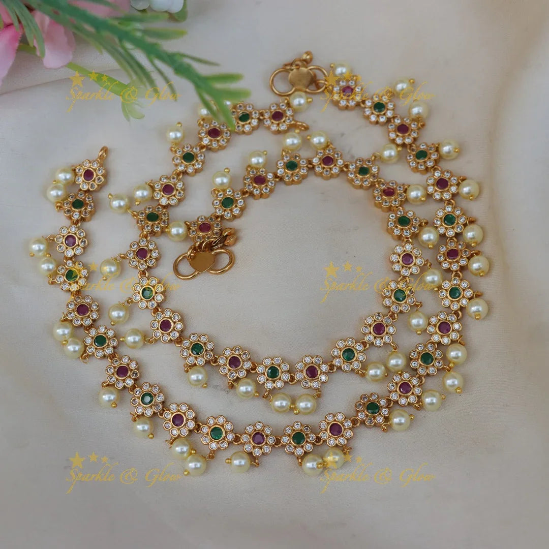 Gracious Gold Finish AD Floral Anklets with Pearls