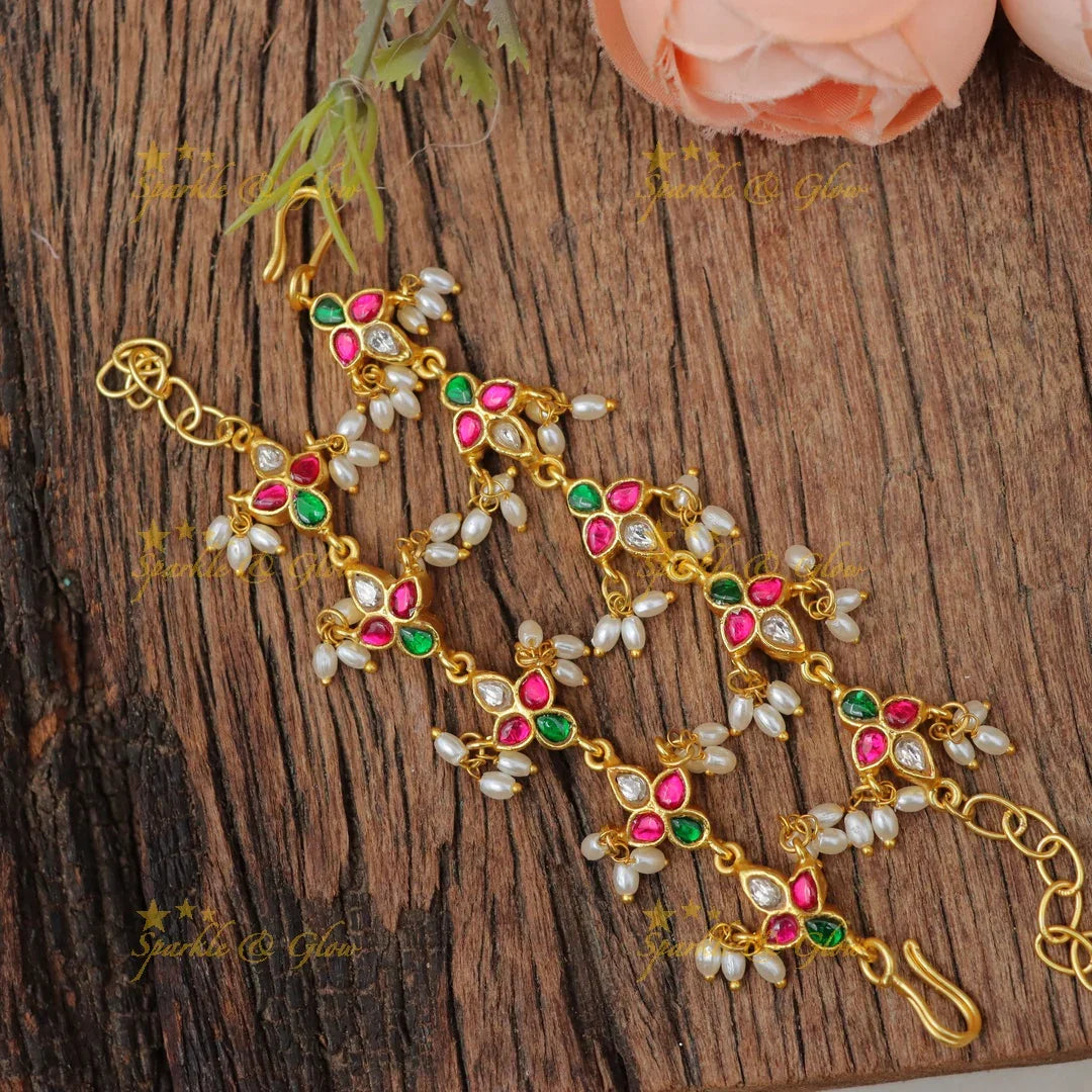 Traditional Jadau Kundan Ear Chain with Pearl Drops