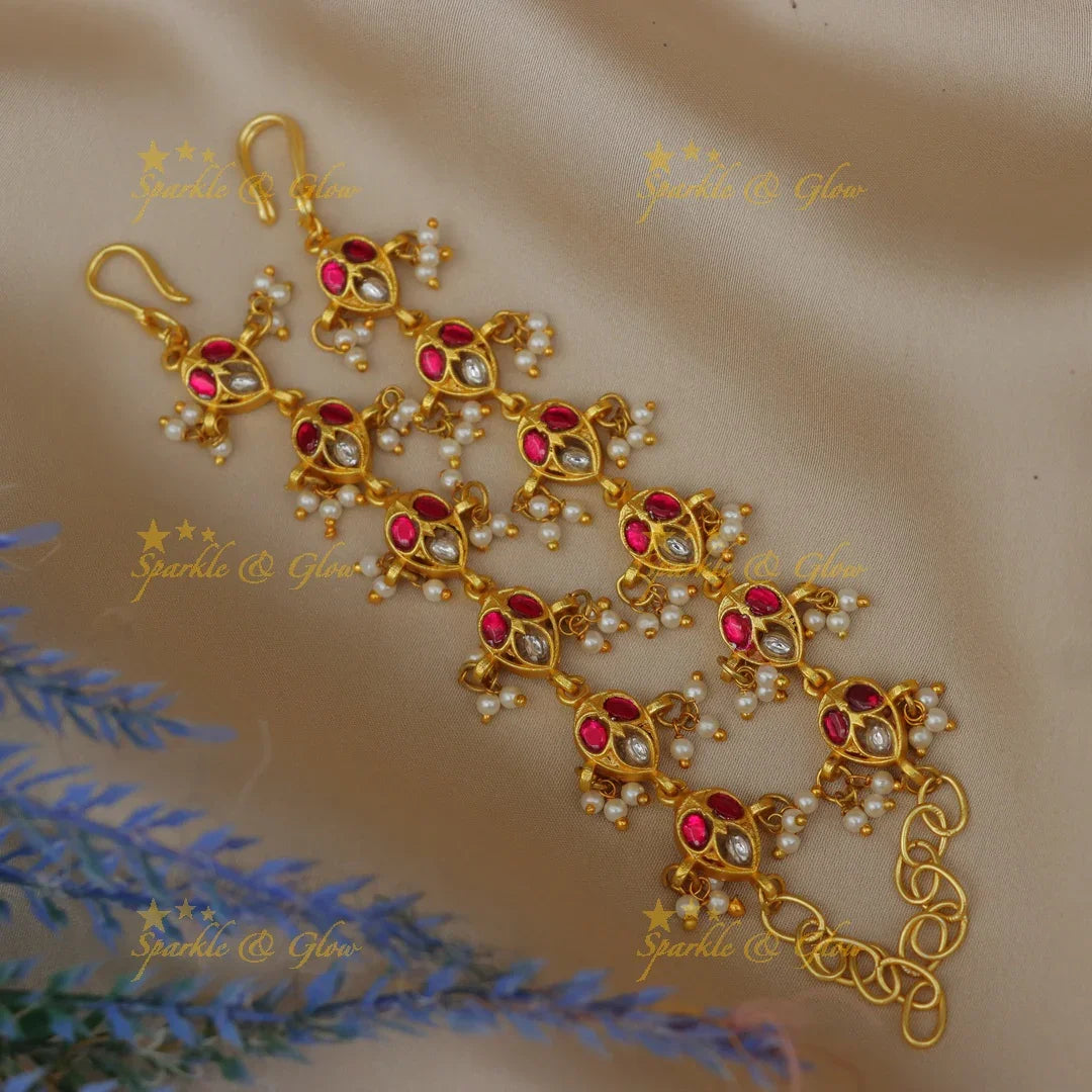 Stunning Jadau Kundan Leaf Motif Ear Chain with Pearls