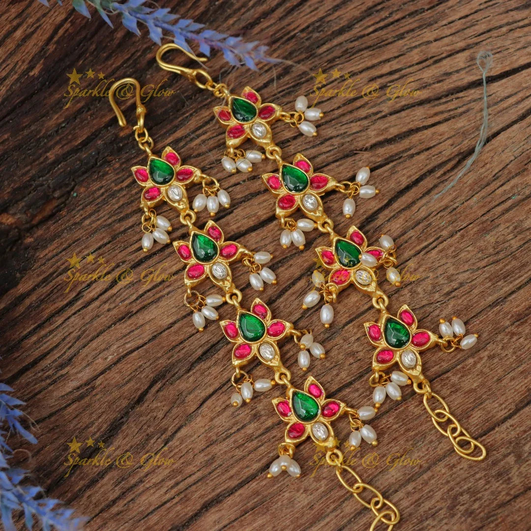 Elegant Lotus Motif Jadau Kundan Ear Chain with Pearls