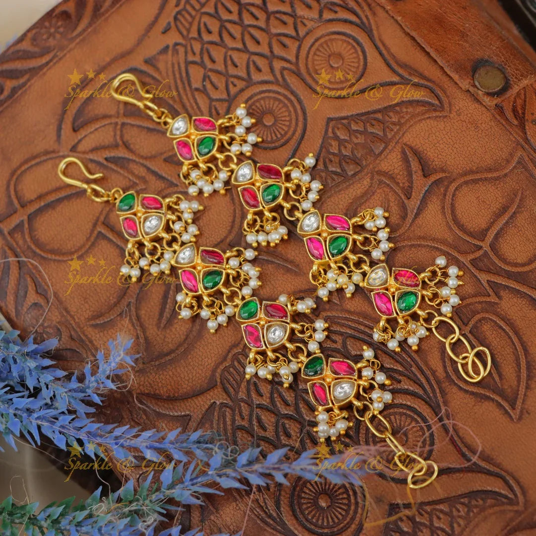 Sparkling Jadau Kundan Floral Ear Chain with Pearl Drops
