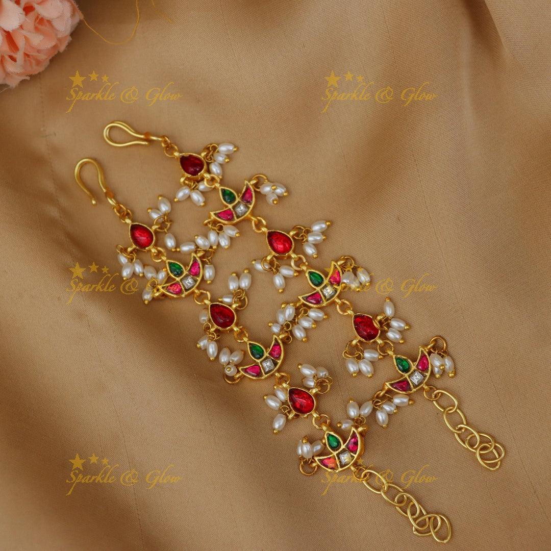 Elegant Jadau Kundan Diya Design Ear Chain with Pearls
